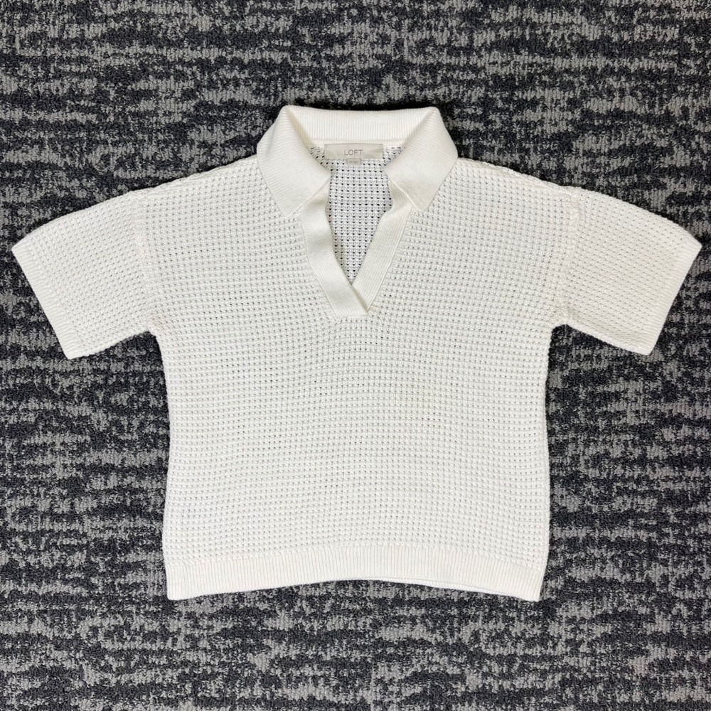 LOFT Polo Sweater Women XS White Short Sleeve Textured Knit V-Neck Waffle Stitch